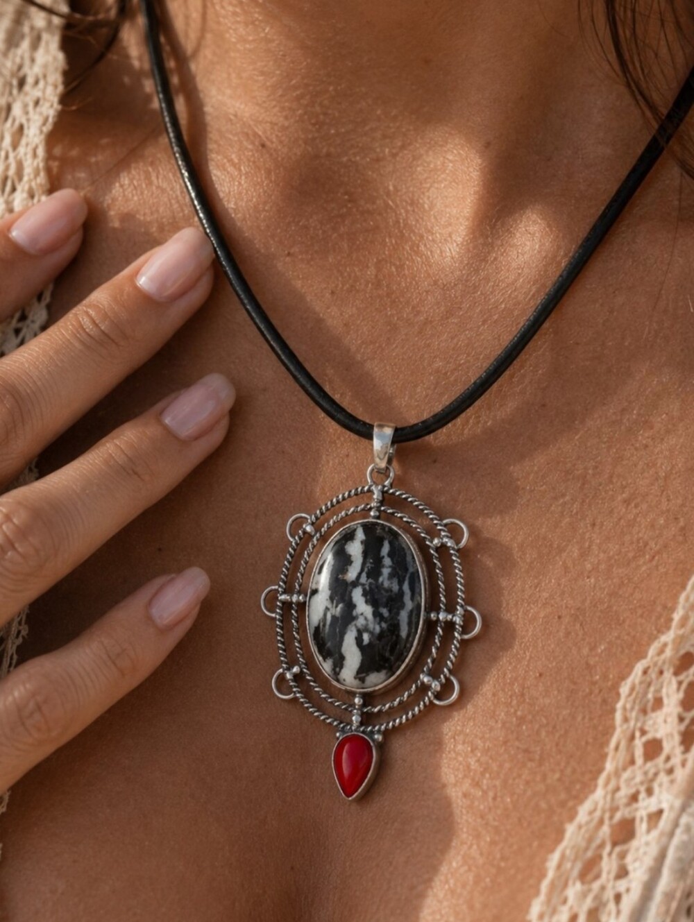 925 Sterling White Buffalo Turquoise Red Coral Western Pendant Necklace 18"